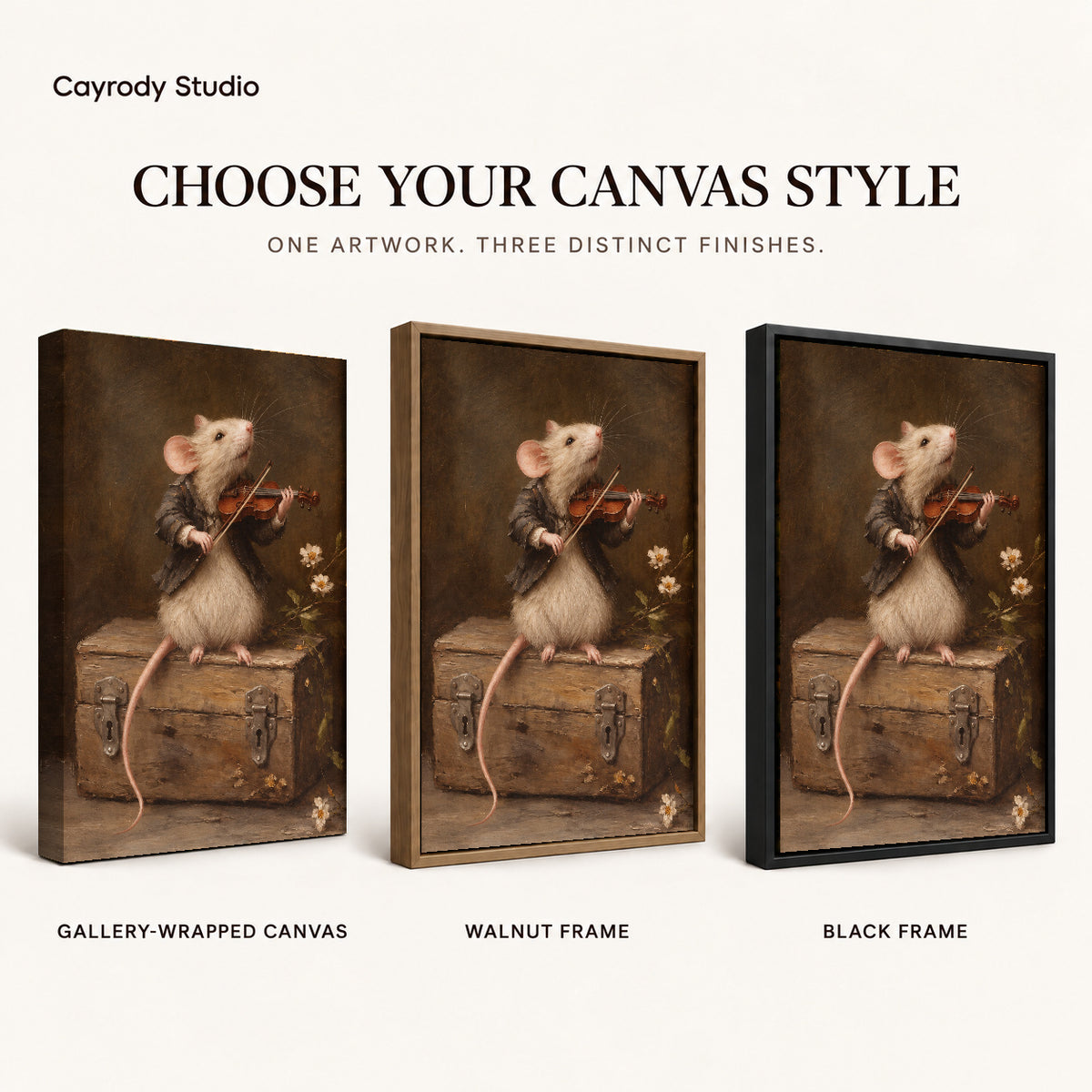 violin playing mouse canvas art compared across gallery-wrapped canvas, walnut frame, and black frame finishes.