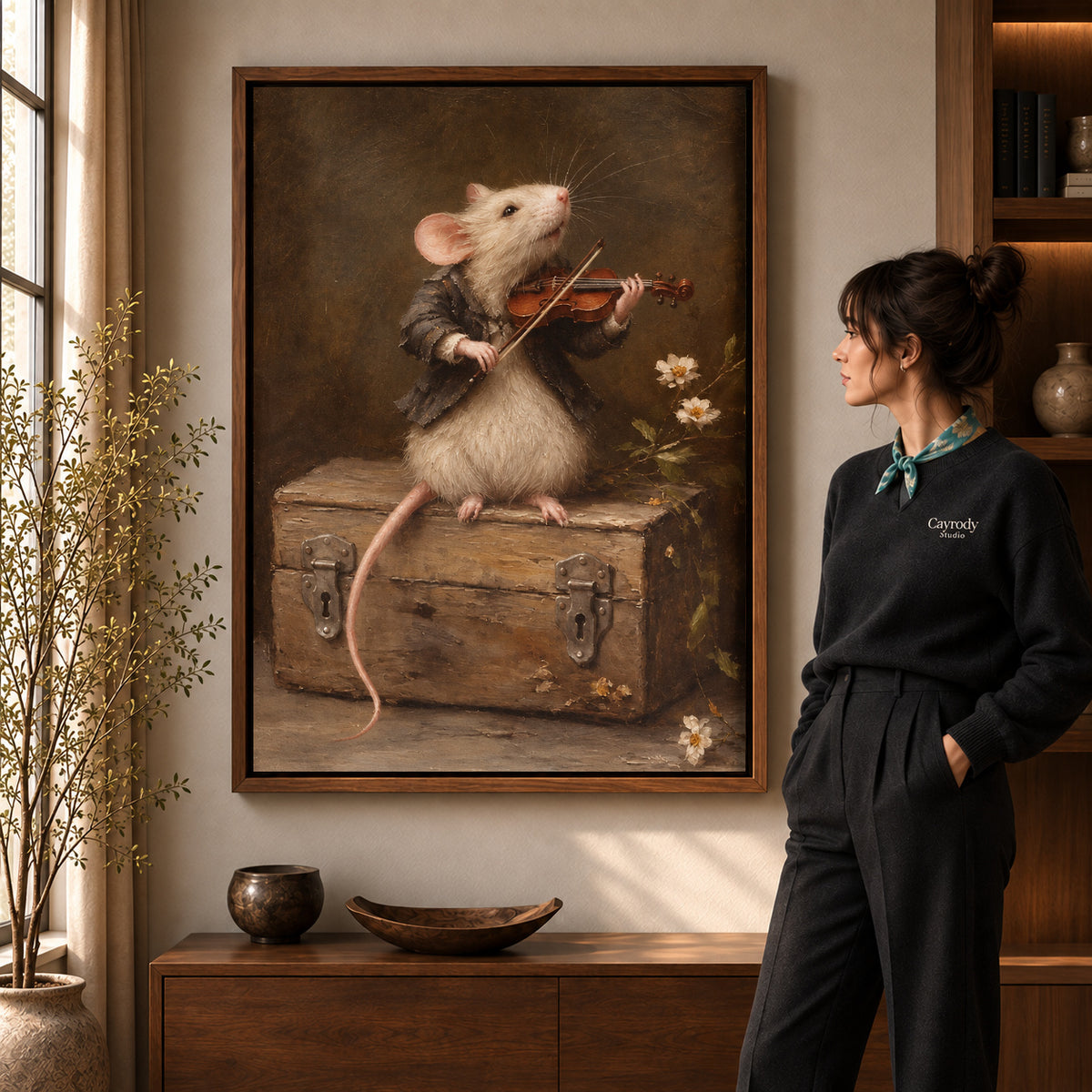 violin playing mouse canvas art shown in the walnut frame option within a warm living room.