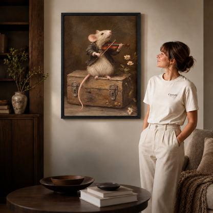 violin playing mouse canvas art shown in the black frame option against a softly lit wall.
