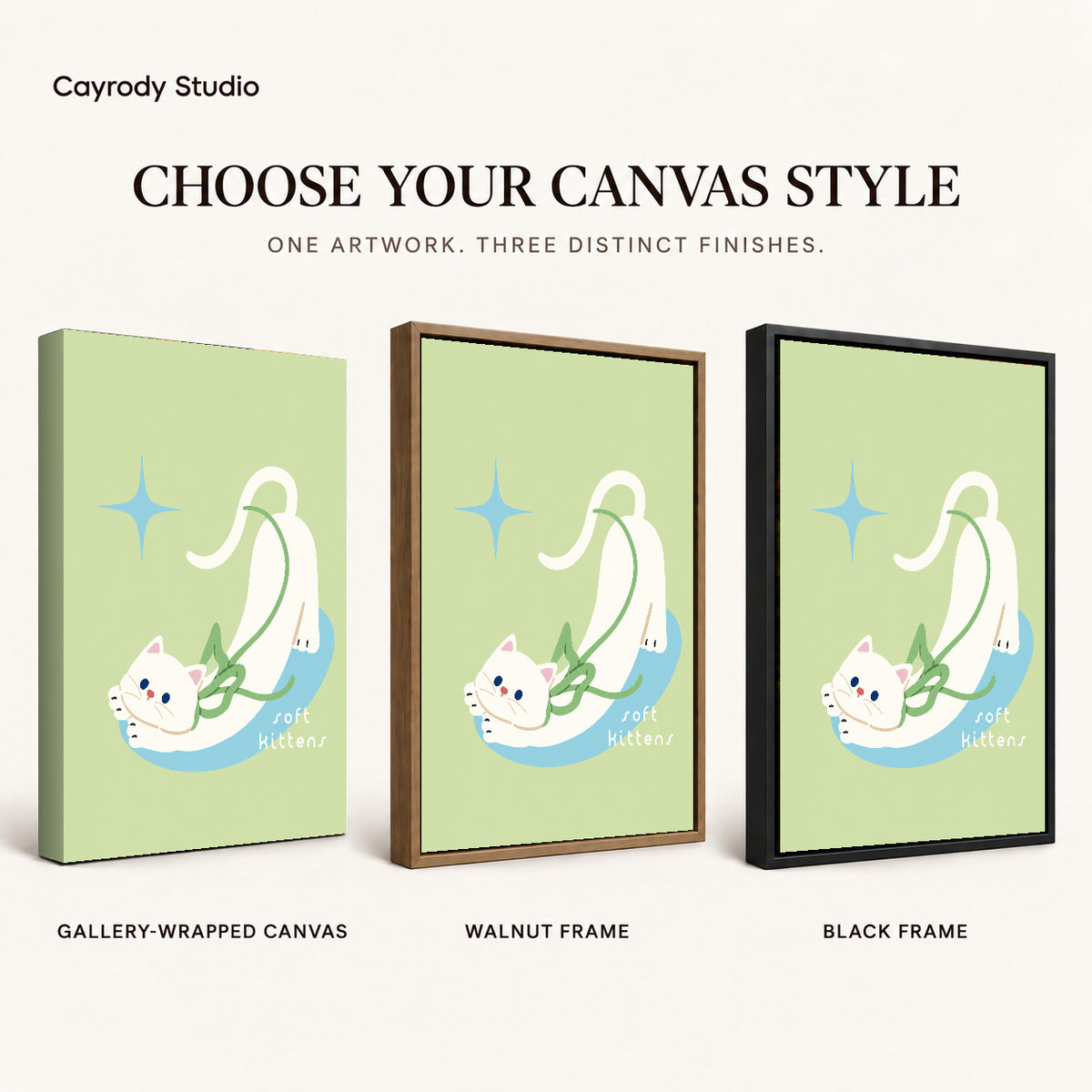 stretching white kitten canvas art compared across gallery-wrapped canvas, walnut frame, and black frame finishes.