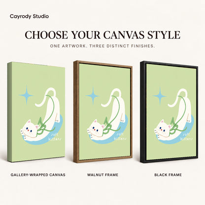 stretching white kitten canvas art compared across gallery-wrapped canvas, walnut frame, and black frame finishes.