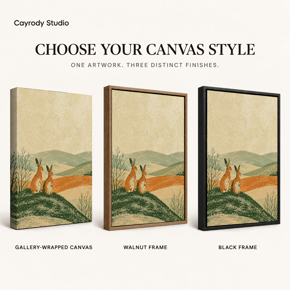 rustic rabbit landscape canvas art compared across gallery-wrapped canvas, walnut frame, and black frame finishes.