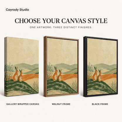 rustic rabbit landscape canvas art compared across gallery-wrapped canvas, walnut frame, and black frame finishes.