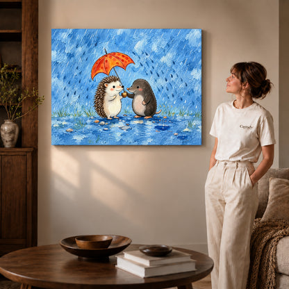 rainy hedgehog friends canvas art on gallery-wrapped canvas with visible edge depth beside a standing woman.
