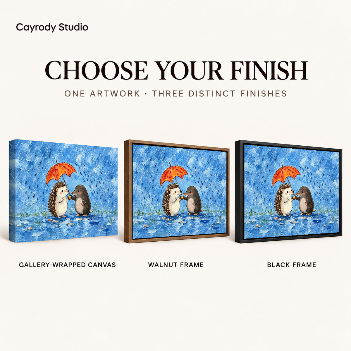 rainy hedgehog friends canvas art compared across gallery-wrapped canvas, walnut frame, and black frame finishes.
