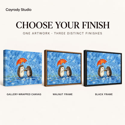 rainy hedgehog friends canvas art compared across gallery-wrapped canvas, walnut frame, and black frame finishes.