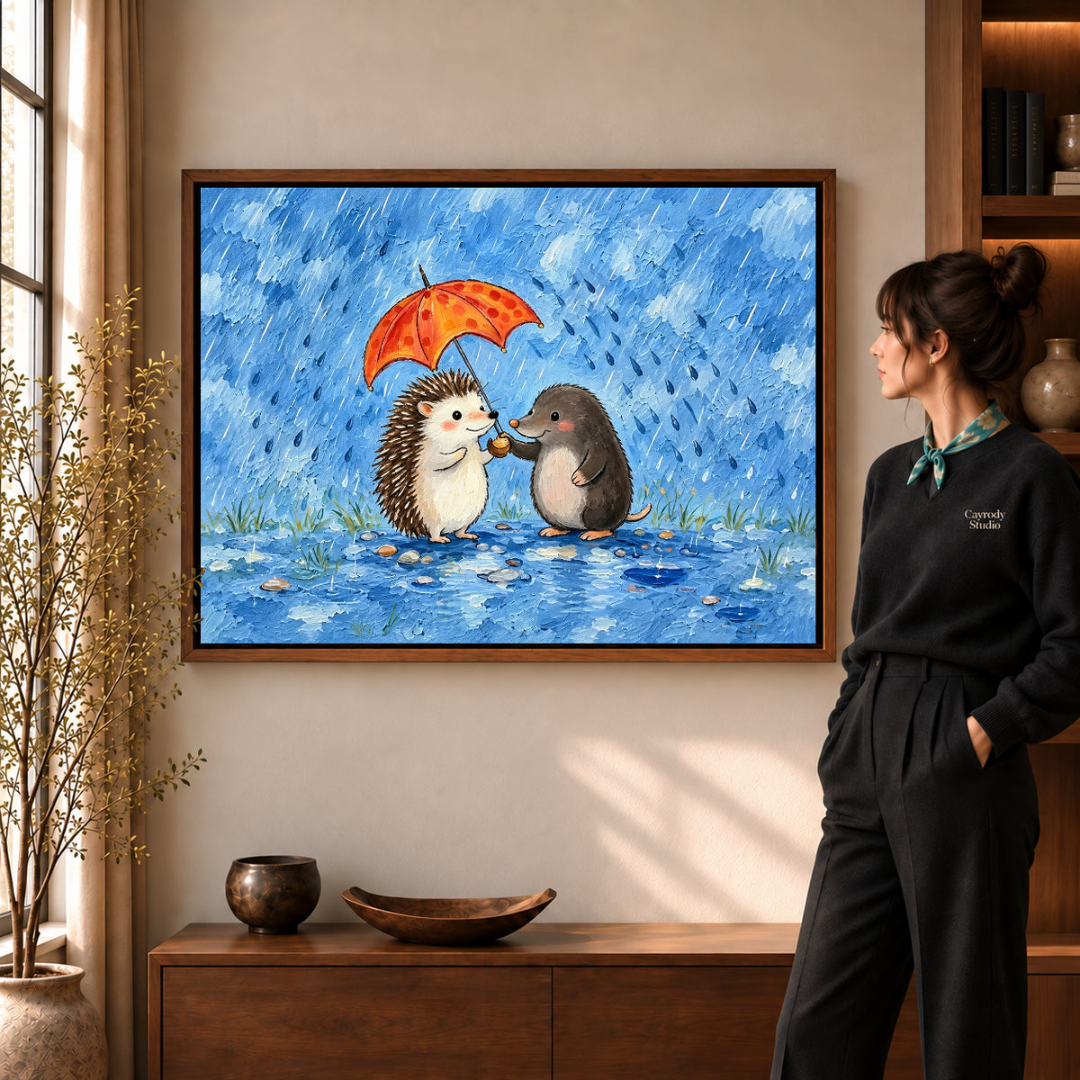 rainy hedgehog friends canvas art shown in the walnut frame option within a warm living room.