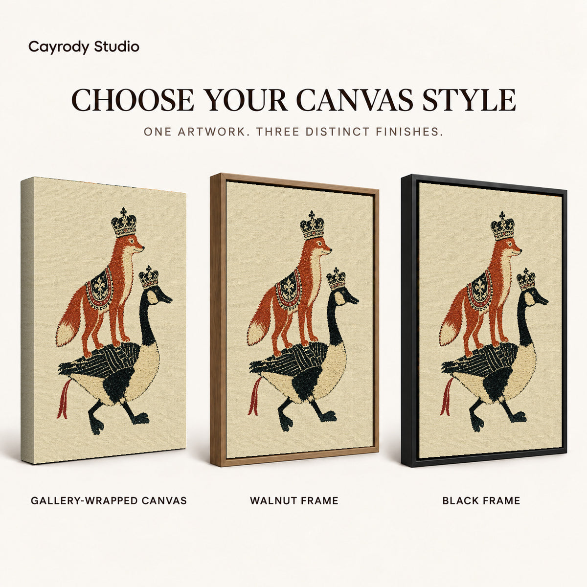 royal fox goose canvas art compared across gallery-wrapped canvas, walnut frame, and black frame finishes.