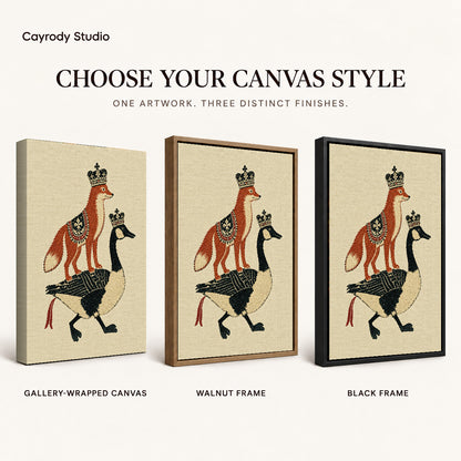 royal fox goose canvas art compared across gallery-wrapped canvas, walnut frame, and black frame finishes.