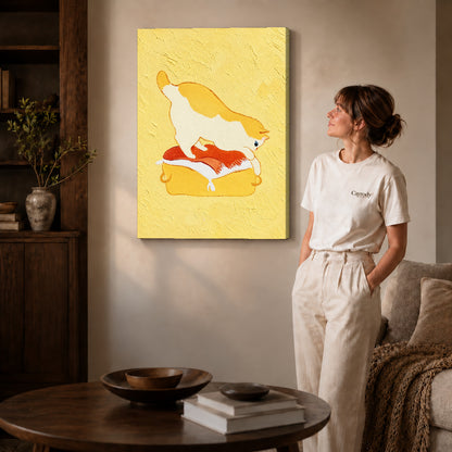 playful kneading cat canvas art on gallery-wrapped canvas with natural edge shading beside a standing woman.