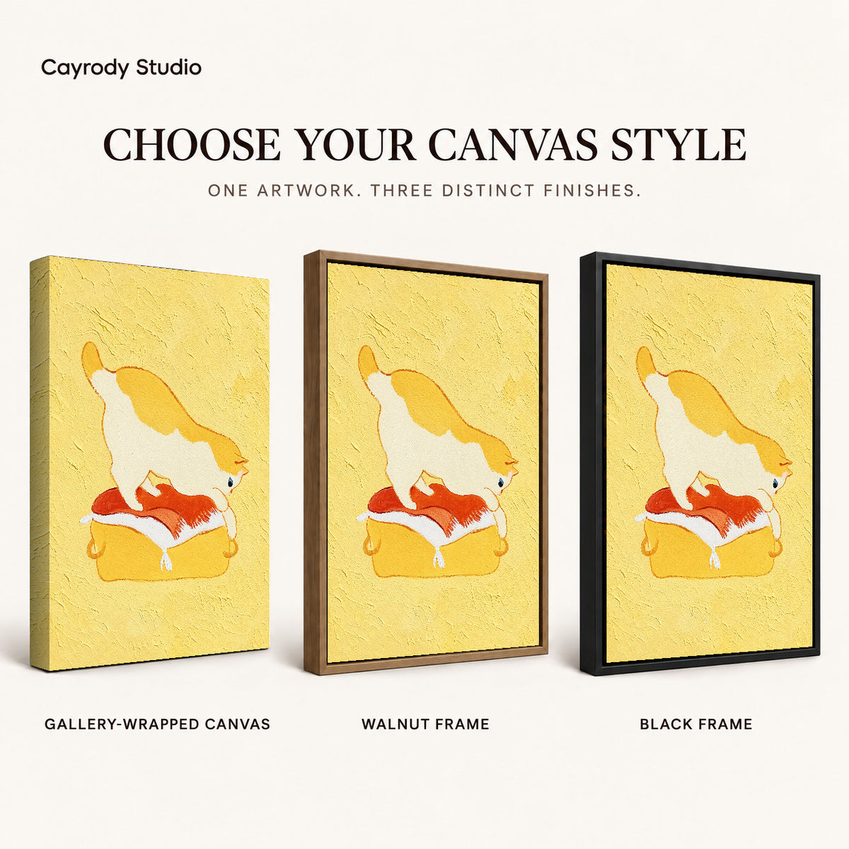 playful kneading cat canvas art compared across gallery-wrapped canvas, walnut frame, and black frame finishes.