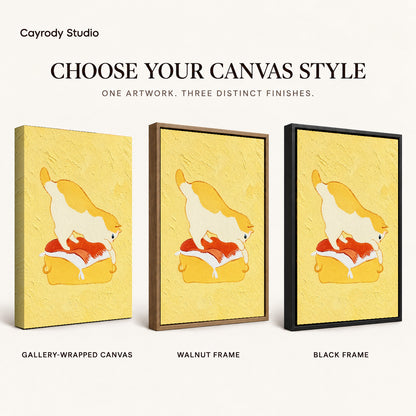 playful kneading cat canvas art compared across gallery-wrapped canvas, walnut frame, and black frame finishes.
