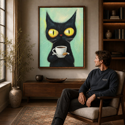 black coffee cat canvas art in a walnut frame above a console beside a seated man.