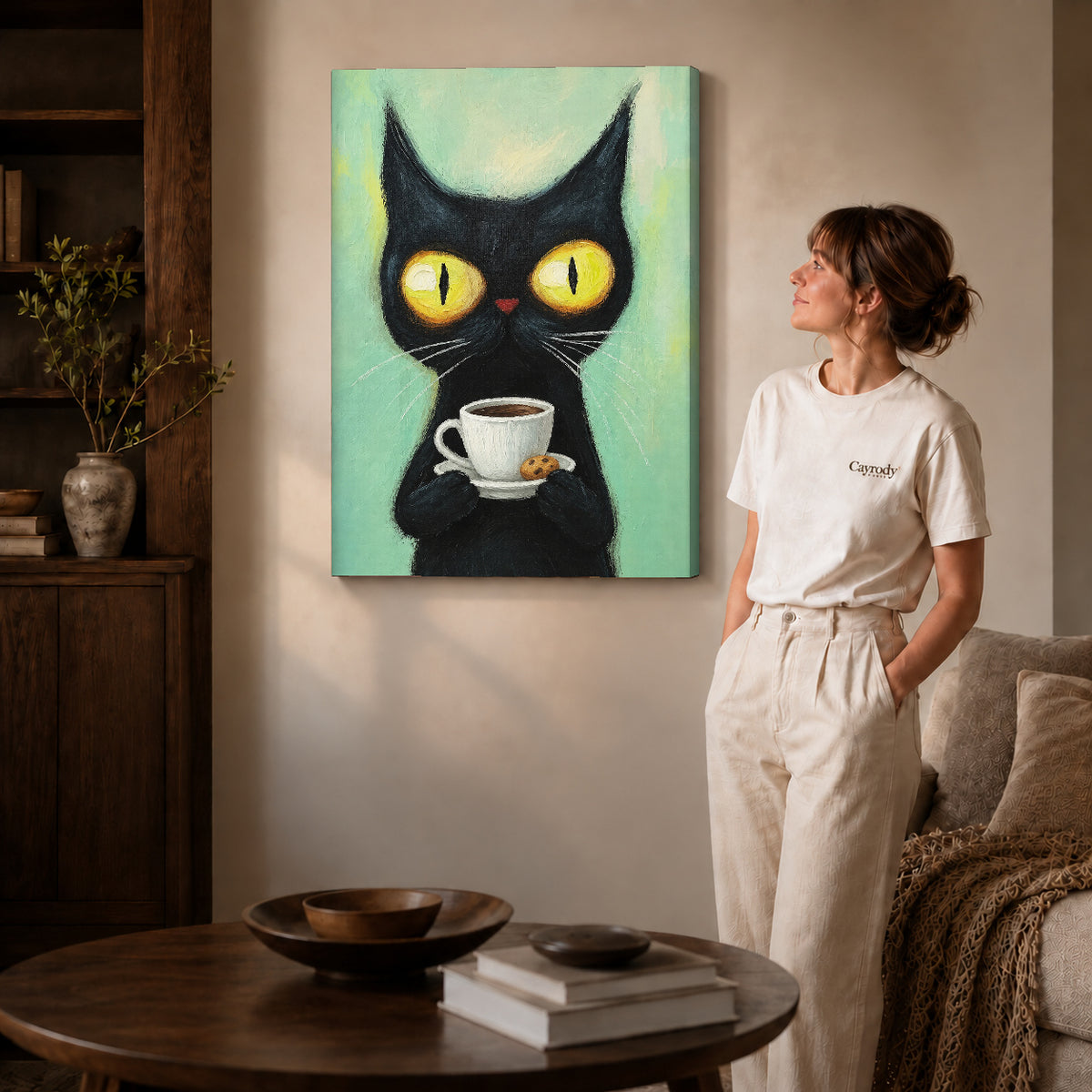 black coffee cat canvas art on gallery-wrapped canvas with natural edge shading beside a standing woman.