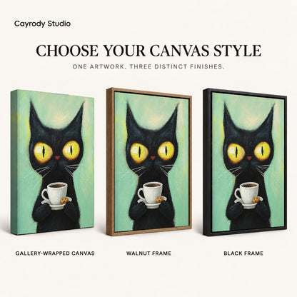 black coffee cat canvas art compared across gallery-wrapped canvas, walnut frame, and black frame finishes.