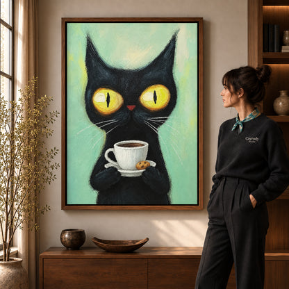 black coffee cat canvas art shown in the walnut frame option within a warm living room.