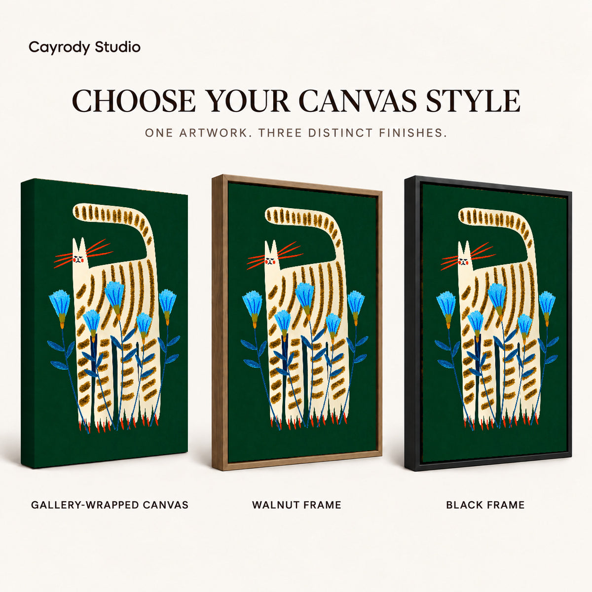 striped floral cat canvas art compared across gallery-wrapped canvas, walnut frame, and black frame finishes.