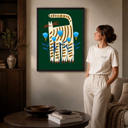 striped floral cat canvas art shown in the black frame option against a softly lit wall.
