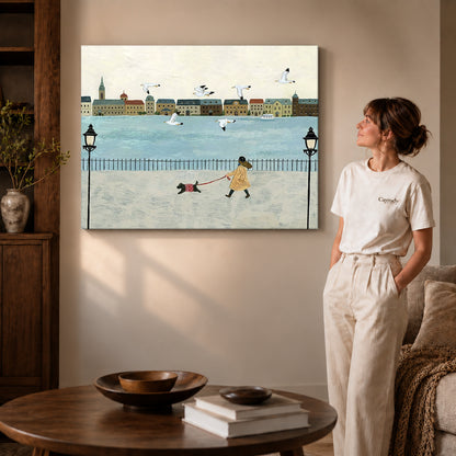 folk waterfront walk canvas art on gallery-wrapped canvas with visible edge depth beside a standing woman.