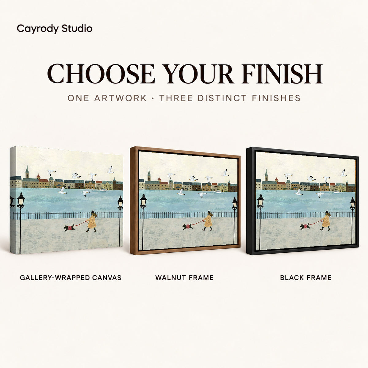 folk waterfront walk canvas art compared across gallery-wrapped canvas, walnut frame, and black frame finishes.