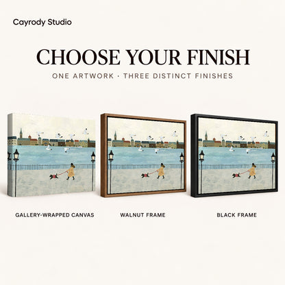 folk waterfront walk canvas art compared across gallery-wrapped canvas, walnut frame, and black frame finishes.