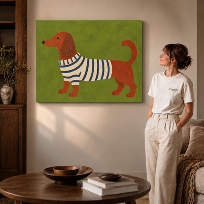 striped sweater dachshund canvas art on gallery-wrapped canvas with visible edge depth beside a standing woman.