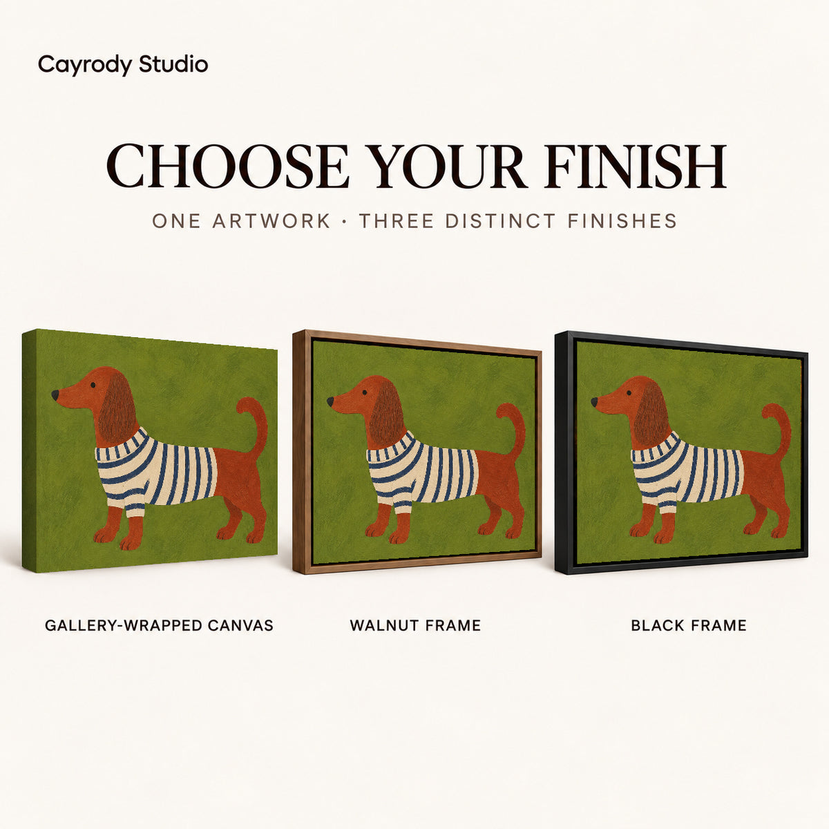 striped sweater dachshund canvas art compared across gallery-wrapped canvas, walnut frame, and black frame finishes.
