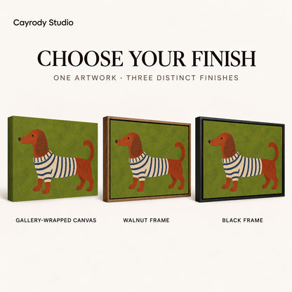 striped sweater dachshund canvas art compared across gallery-wrapped canvas, walnut frame, and black frame finishes.