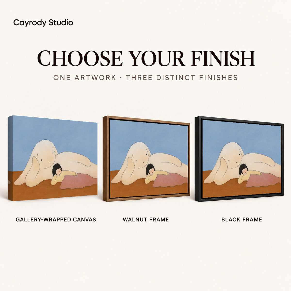 gentle bedtime companion canvas art compared across gallery-wrapped canvas, walnut frame, and black frame finishes.