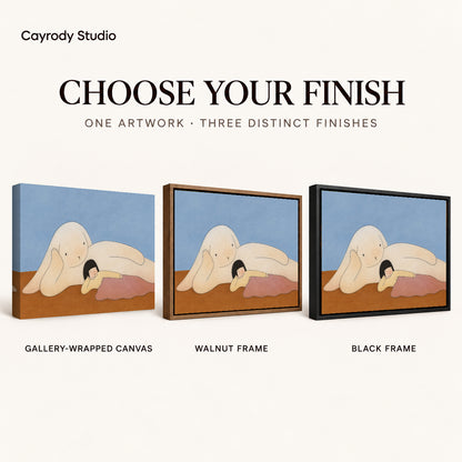 gentle bedtime companion canvas art compared across gallery-wrapped canvas, walnut frame, and black frame finishes.