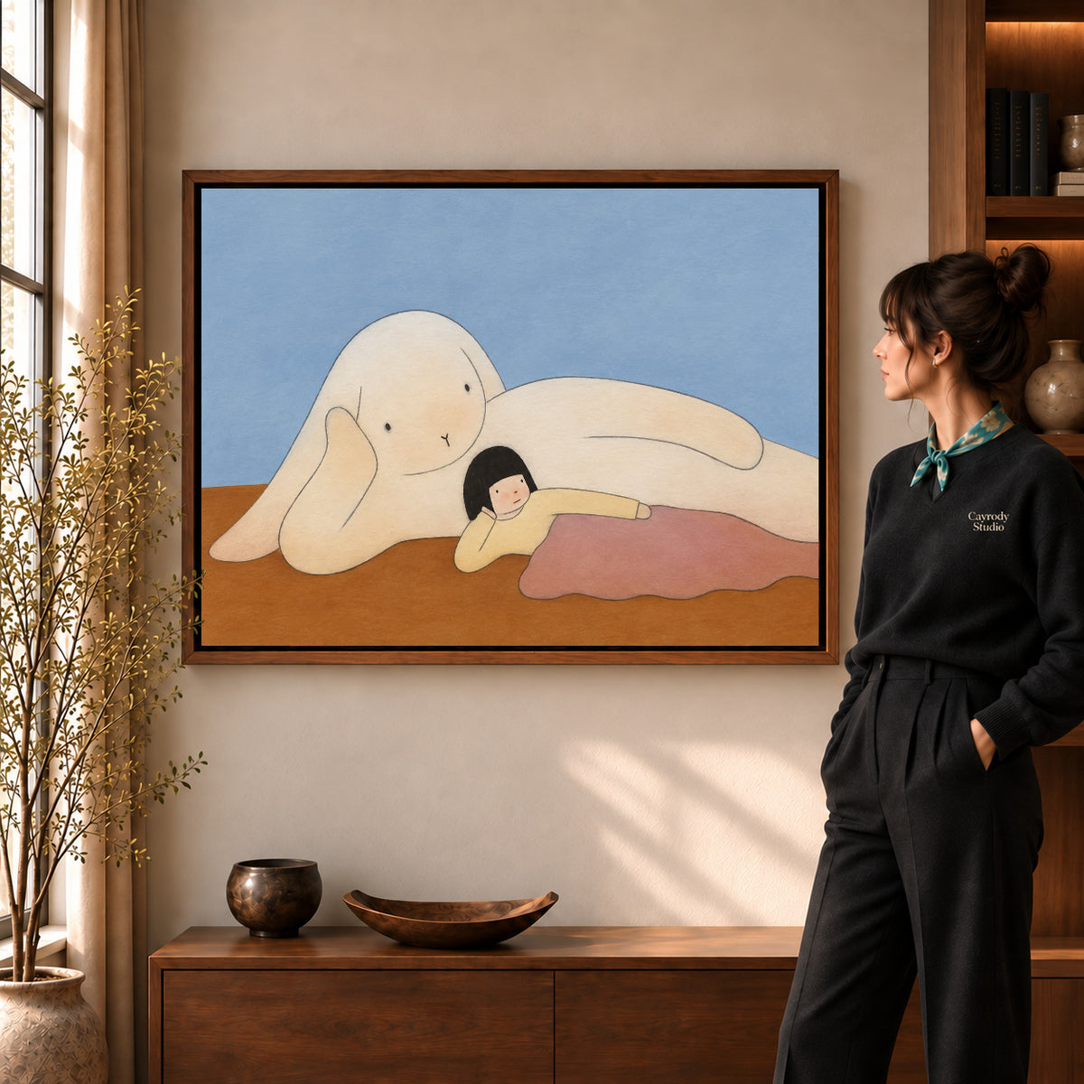 gentle bedtime companion canvas art shown in the walnut frame option within a warm living room.