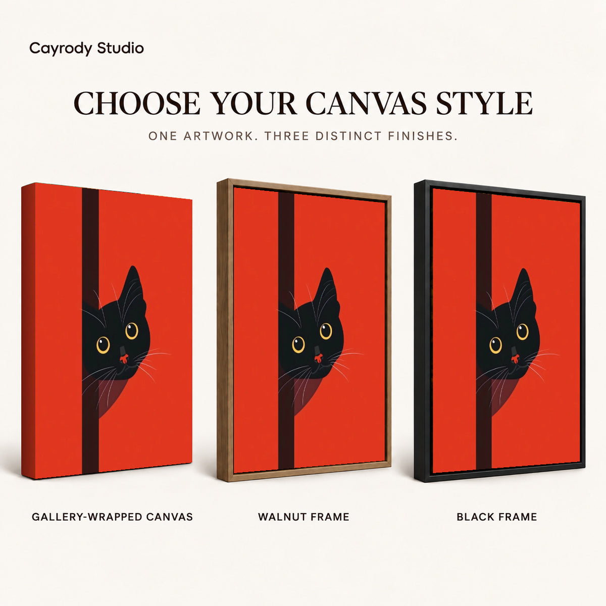peeking black cat canvas art compared across gallery-wrapped canvas, walnut frame, and black frame finishes.