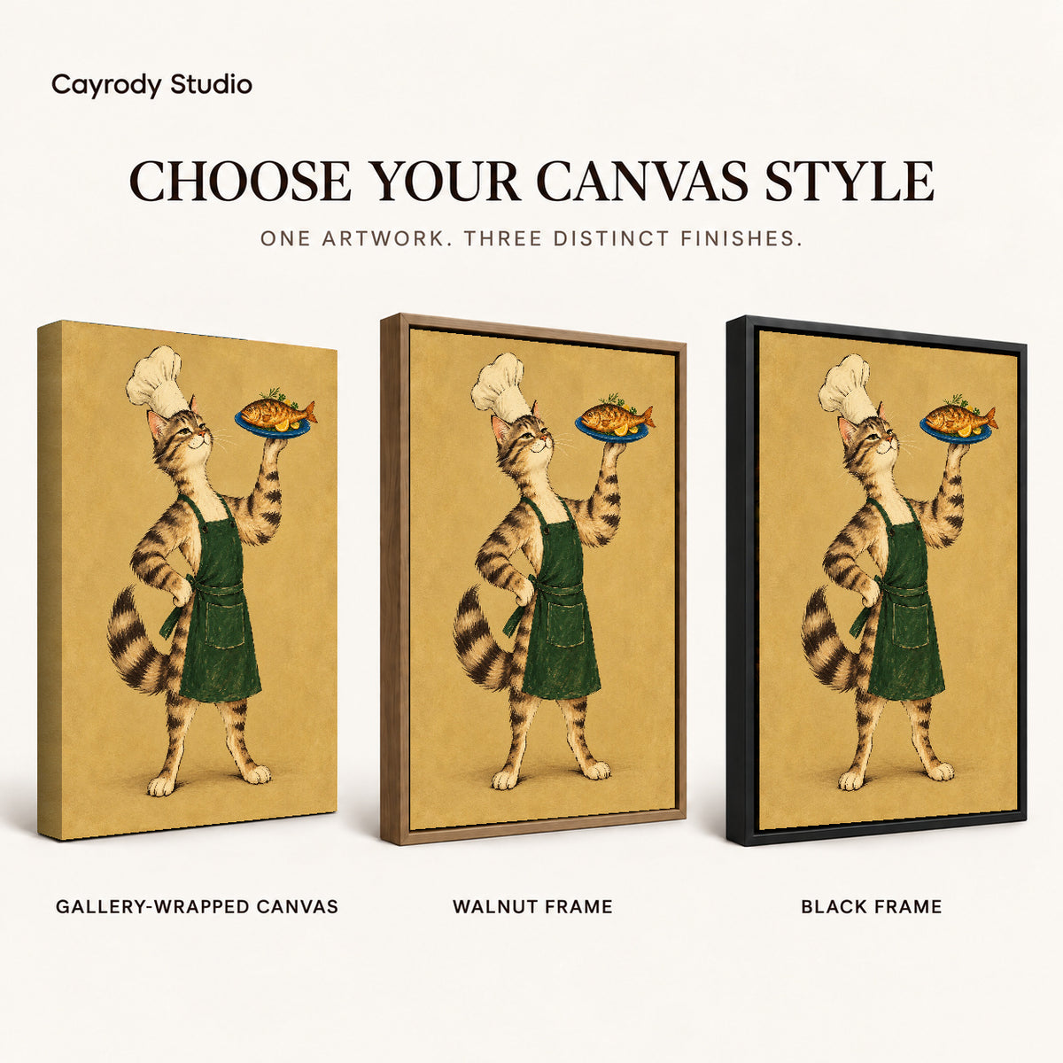 vintage fish chef cat canvas art compared across gallery-wrapped canvas, walnut frame, and black frame finishes.