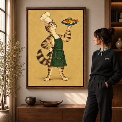 vintage fish chef cat canvas art shown in the walnut frame option within a warm living room.