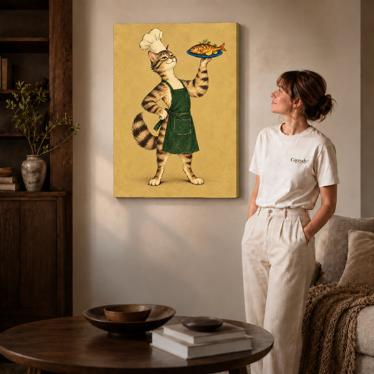 vintage fish chef cat canvas art shown in the gallery-wrapped option with visible depth and warm surroundings.