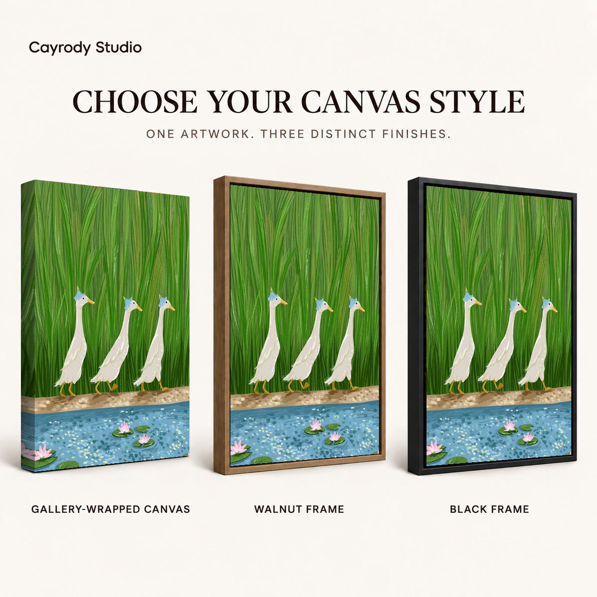 folk pond geese canvas art compared across gallery-wrapped canvas, walnut frame, and black frame finishes.