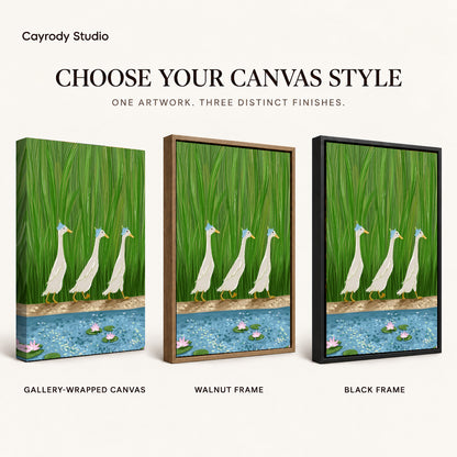 folk pond geese canvas art compared across gallery-wrapped canvas, walnut frame, and black frame finishes.