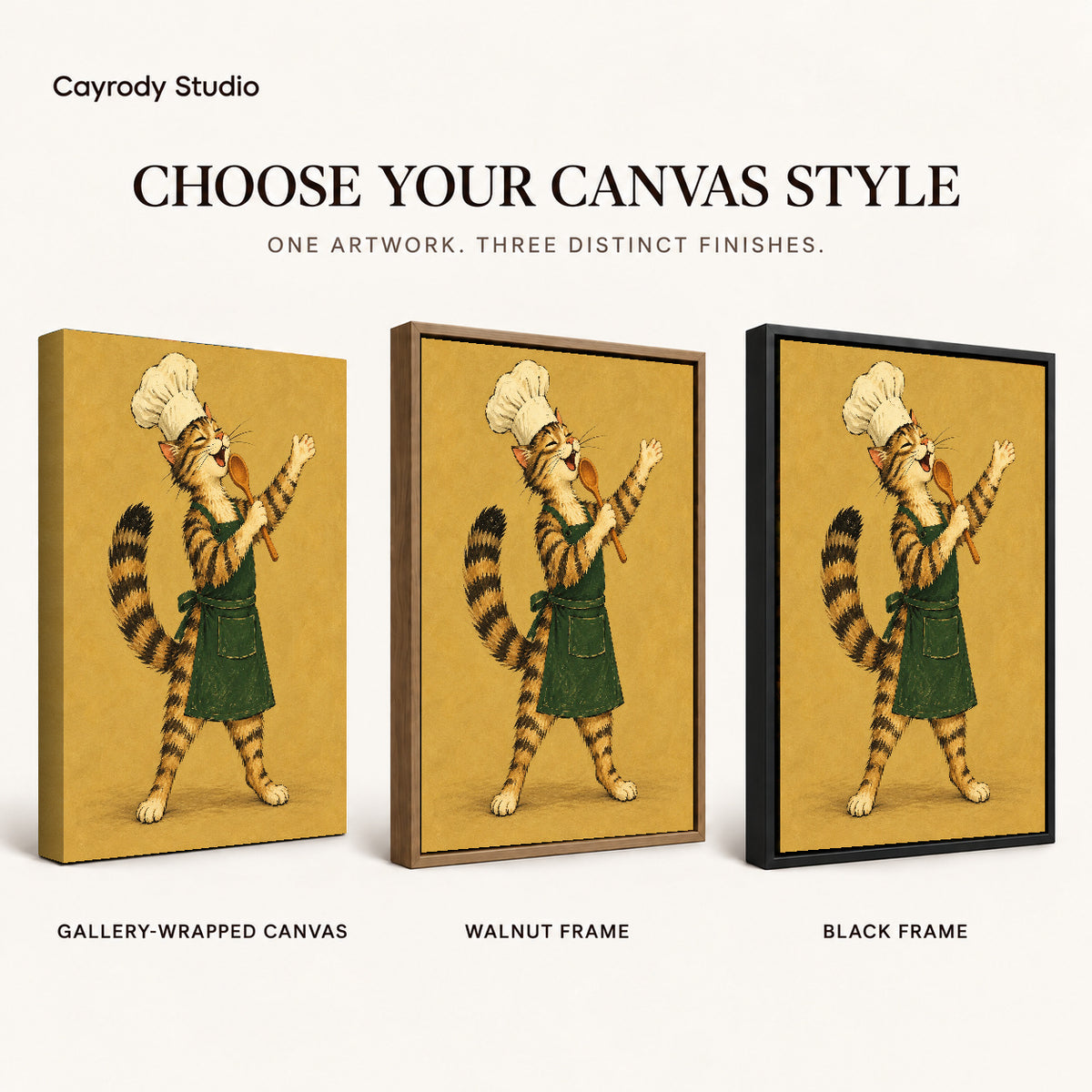vintage singing chef cat canvas art compared across gallery-wrapped canvas, walnut frame, and black frame finishes.