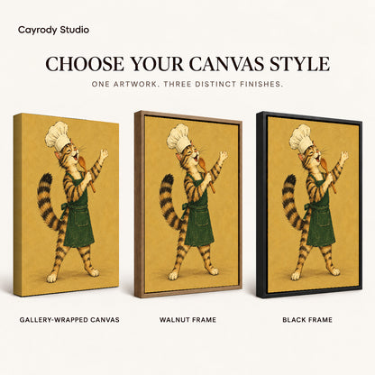 vintage singing chef cat canvas art compared across gallery-wrapped canvas, walnut frame, and black frame finishes.