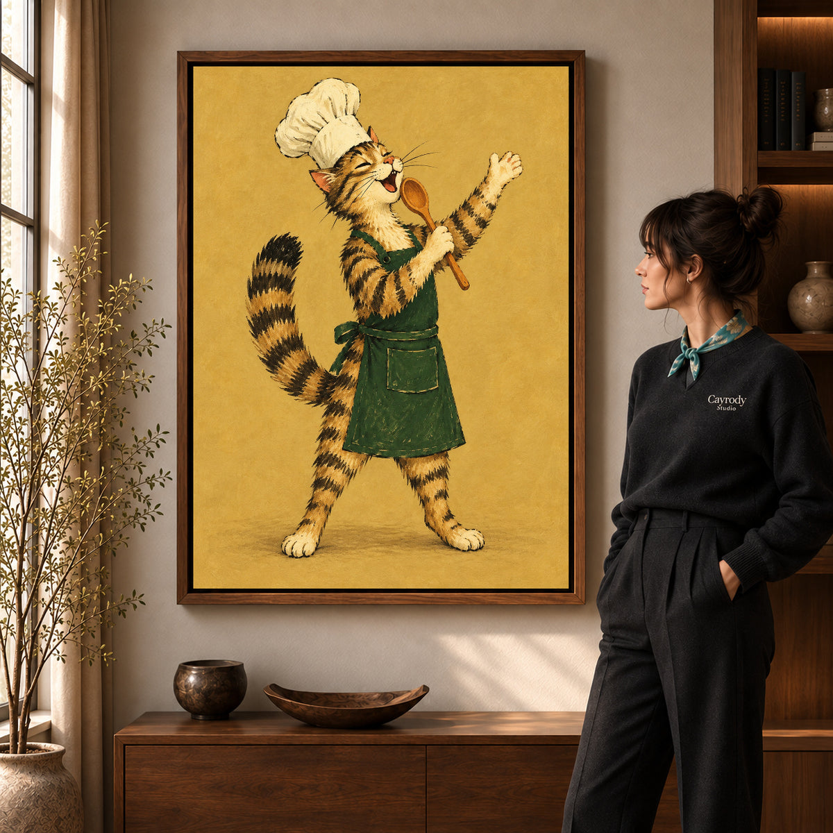 vintage singing chef cat canvas art shown in the walnut frame option within a warm living room.