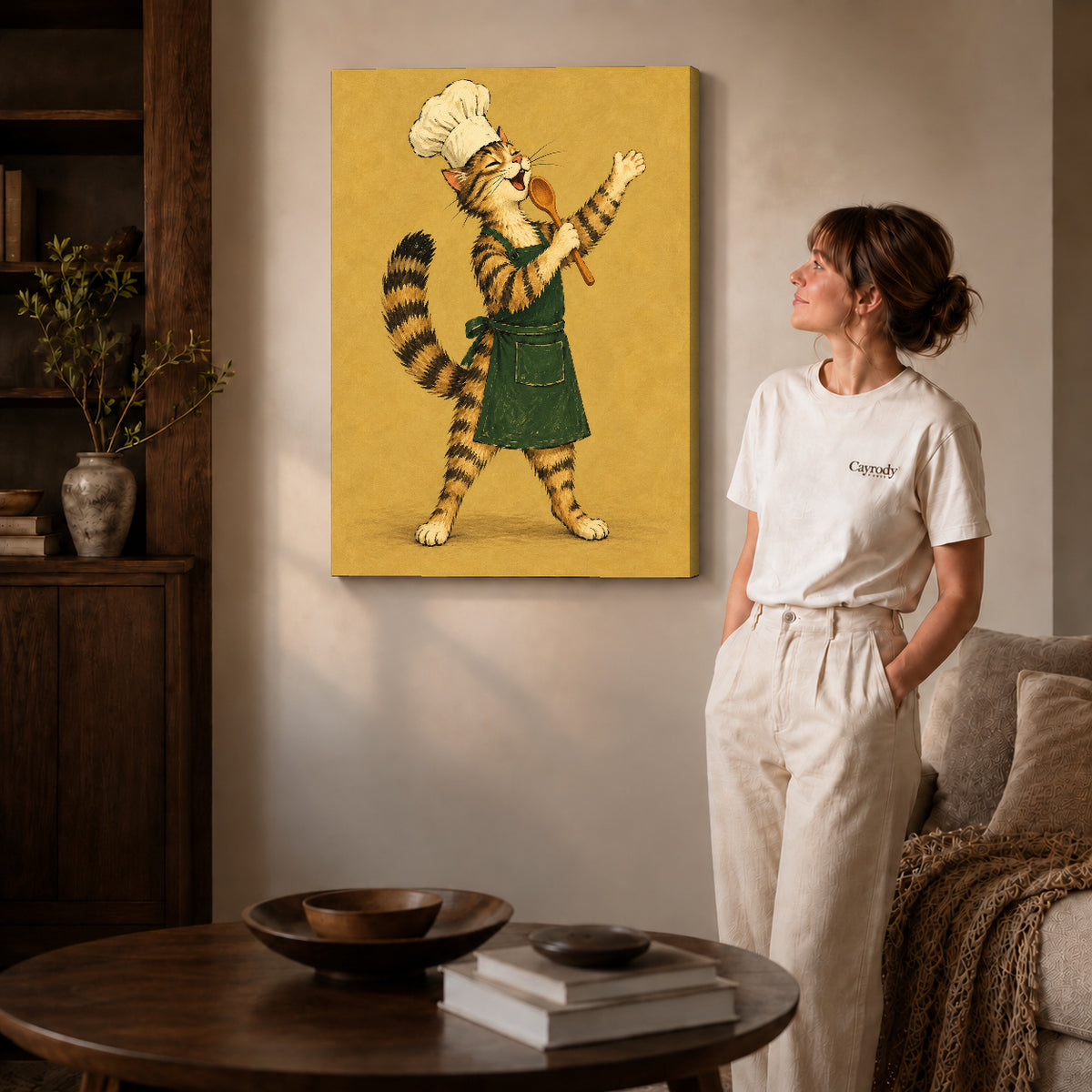 vintage singing chef cat canvas art shown in the gallery-wrapped option with visible depth and warm surroundings.