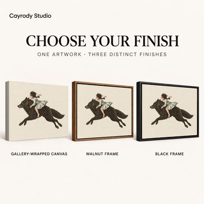 fairytale wolf rider canvas art compared across gallery-wrapped canvas, walnut frame, and black frame finishes.