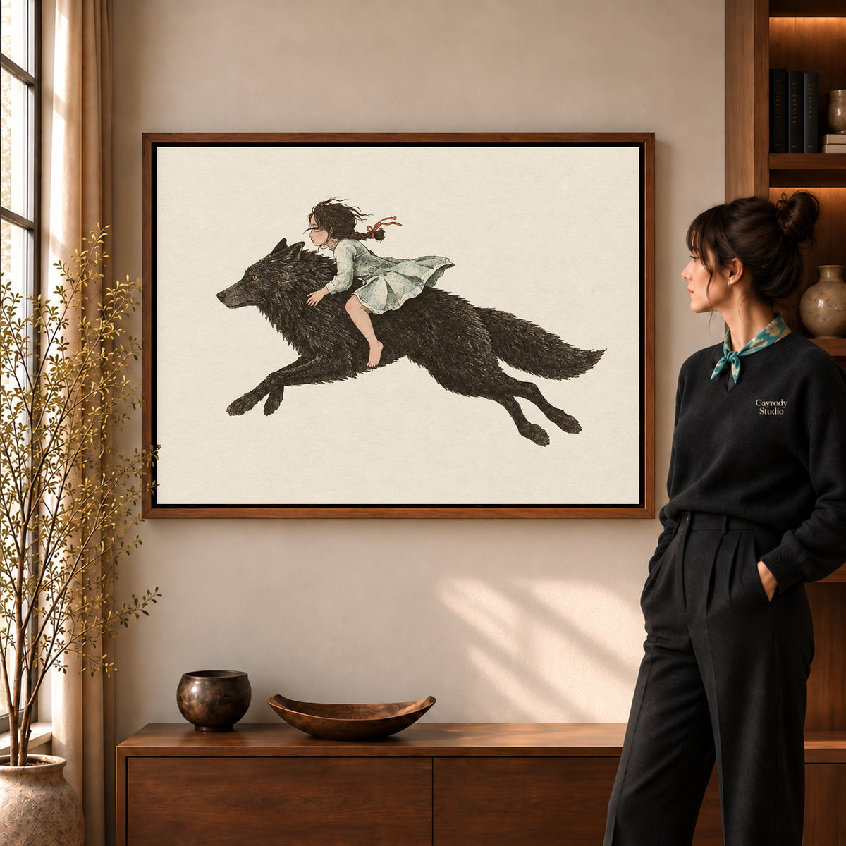 fairytale wolf rider canvas art shown in the walnut frame option within a warm living room.