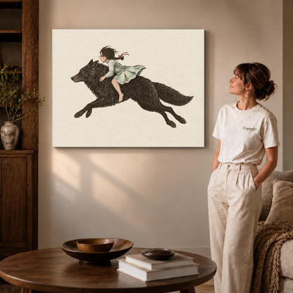 fairytale wolf rider canvas art shown in the gallery-wrapped option with natural side shading and warm surroundings.