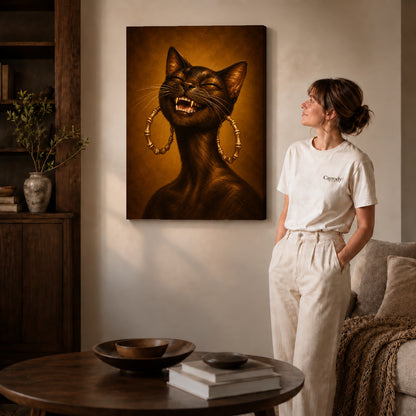 expressive golden cat canvas art on gallery-wrapped canvas with natural edge shading beside a standing woman.