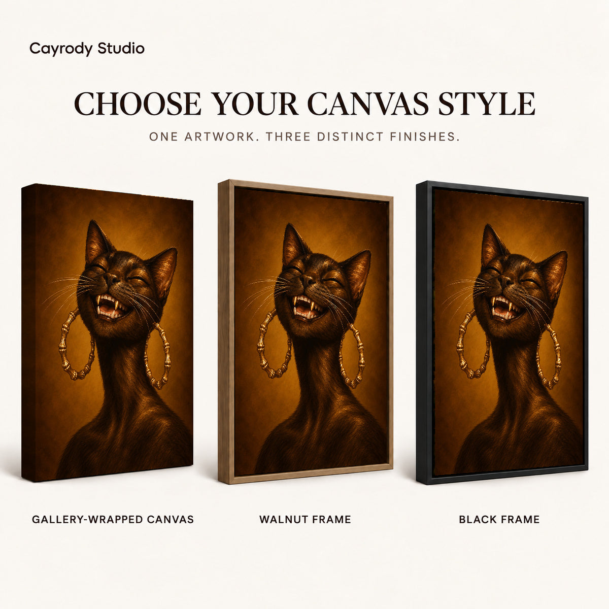 expressive golden cat canvas art compared across gallery-wrapped canvas, walnut frame, and black frame finishes.