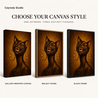 expressive golden cat canvas art compared across gallery-wrapped canvas, walnut frame, and black frame finishes.