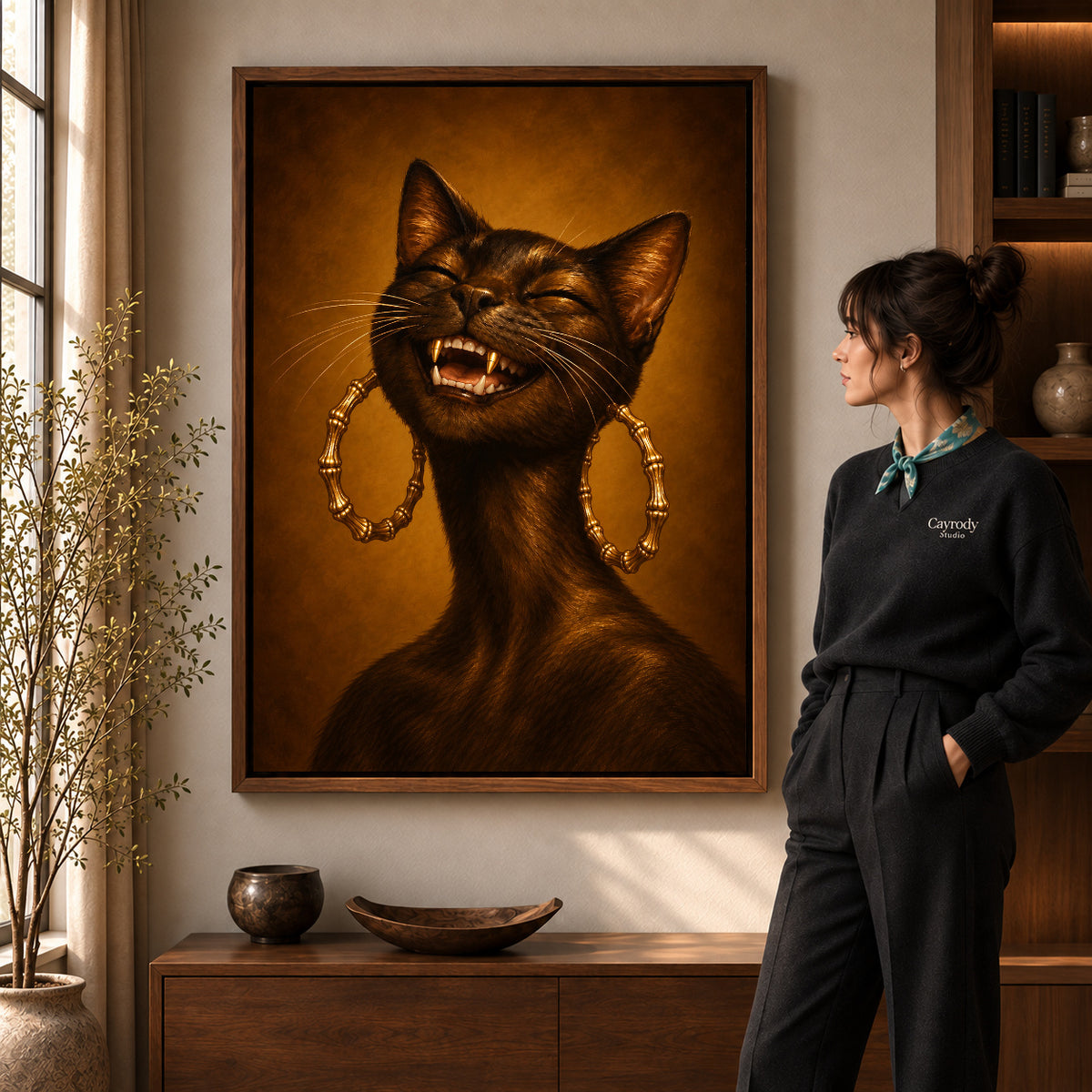 expressive golden cat canvas art shown in the walnut frame option within a warm living room.