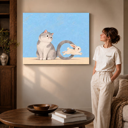 playful tail hoop canvas art on gallery-wrapped canvas with visible edge depth beside a standing woman.