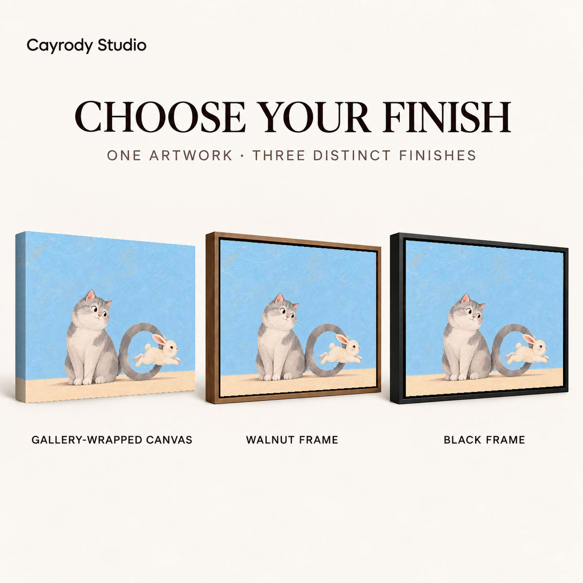 playful tail hoop canvas art compared across gallery-wrapped canvas, walnut frame, and black frame finishes.